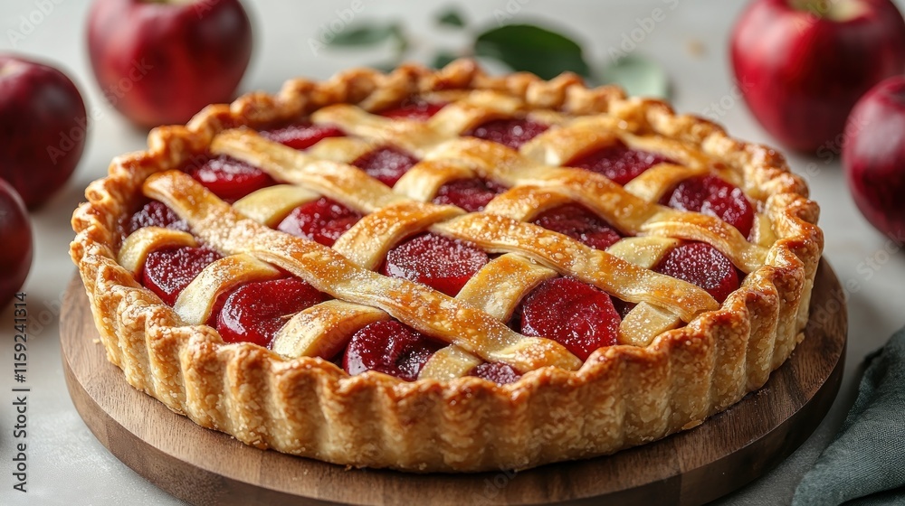 Delicious homemade apple pie with lattice crust on wooden board.