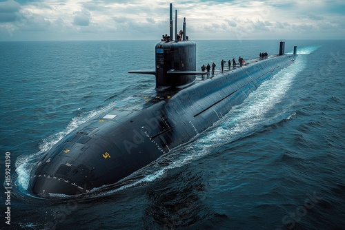 A submarine underwater, surrounded by blue sea and sunlight
