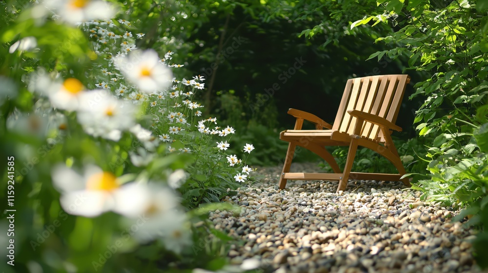 Tranquil Garden Pathway with Wooden Chair Surrounded by Blooming Daisies Tranquil Garden Pathway with Wooden Chair Surrounded by Blooming Daisies