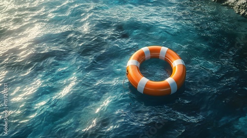 Orange and white lifebuoy floating on calm blue water. photo