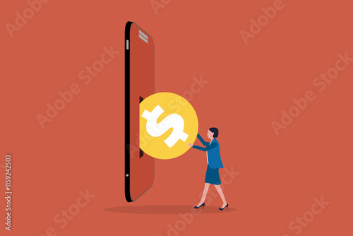 Business woman putting US dollar coin in a mobile phone. Concept of Send mobile recharge online, Mobile top-up, Recharge, and Refill