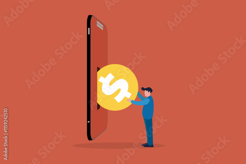 Businessman putting US dollar coin in a mobile phone. Concept of Send mobile recharge online, Mobile top-up, Recharge, and Refill