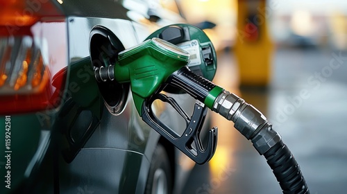 A fuel nozzle inserted into a car's gas tank at a service station.