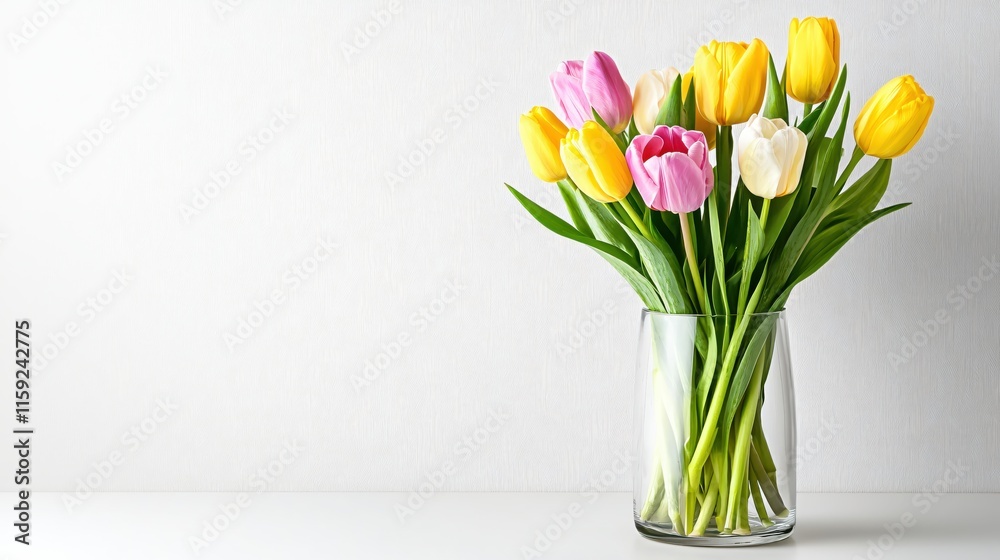 Vibrant and Fresh Tulips in a Glass Vase Against a Soft White Background