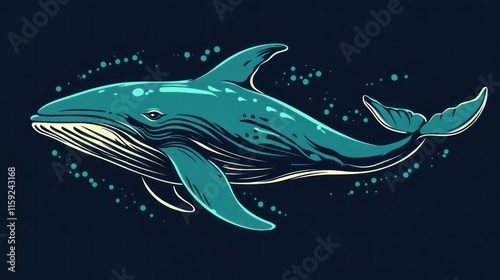 Teal humpback whale swimming in dark blue ocean.