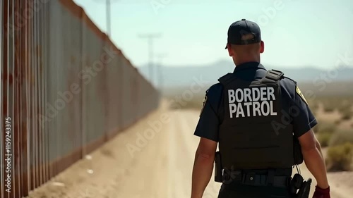 A border patrol officer walking along the US Mexico corrugated wall border