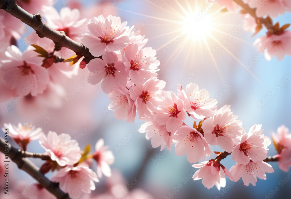 background of many sakura flowers through which the rays of the sun penetrate, which conveys the spring mood background of many sakura flowers through which the rays of the sun penetrate, which conveys the spring mood
