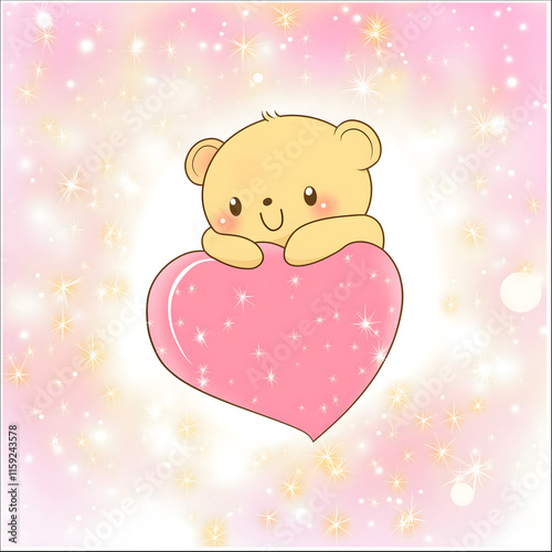 Adorable Teddy with Heart: Cute cartoon teddy bear embracing a big pink heart, set against a dreamy pink sparkly background. Perfect for Valentine's Day, children's projects, and expressing love.