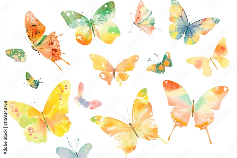 Obraz premium A collection of colorful butterflies on a clean white background, perfect for illustrations and designs