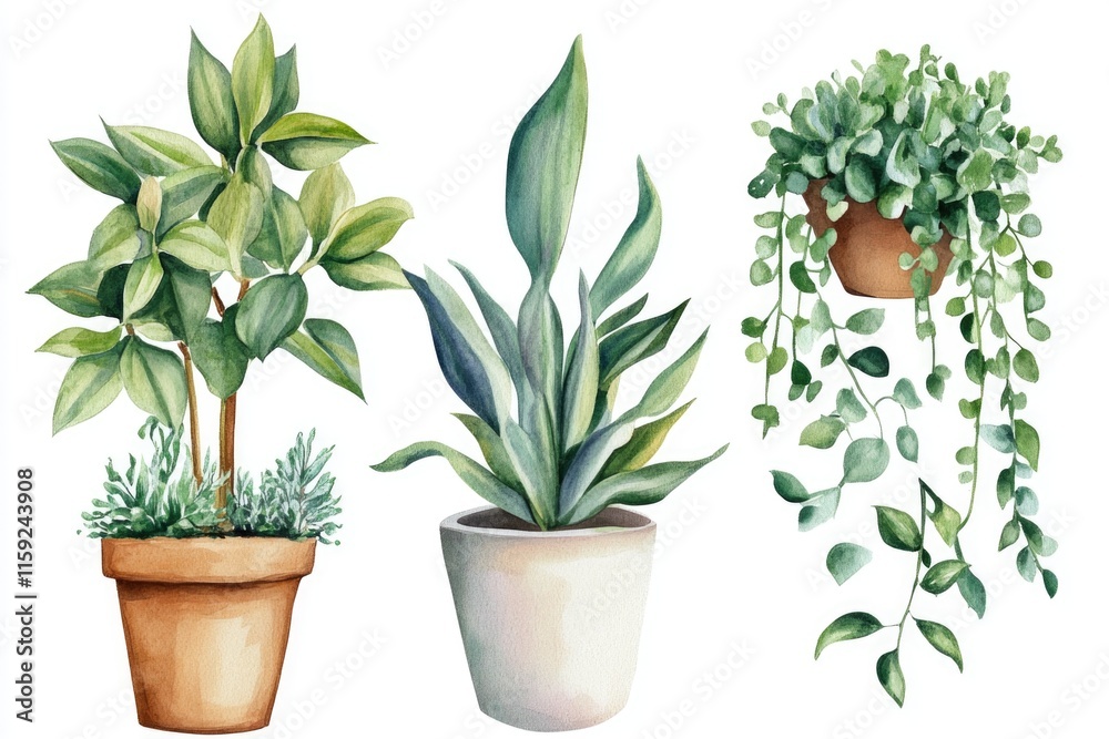 Three small potted plants arranged neatly on a white background