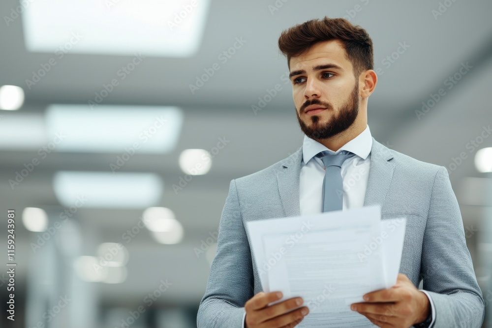 Professional Man in Business Suit Reviewing Documents in Modern Corporate Environment with Focus on Detail and Clarity for Effective Decision Making Professional Man in Business Suit Reviewing Documents in Modern Corporate Environment with Focus on Detail and Clarity for Effective Decision Making