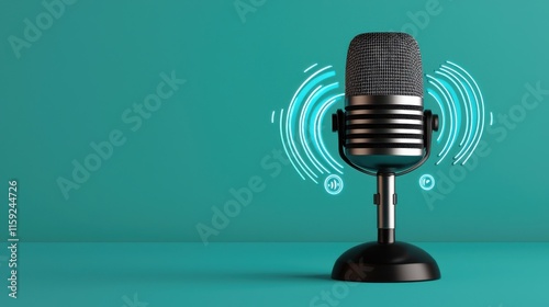 3D Render of a Retro Microphone Surrounded by Holographic Waves on a Bright Turquoise Background with Modern Design Elements for Music and Audio Themes photo