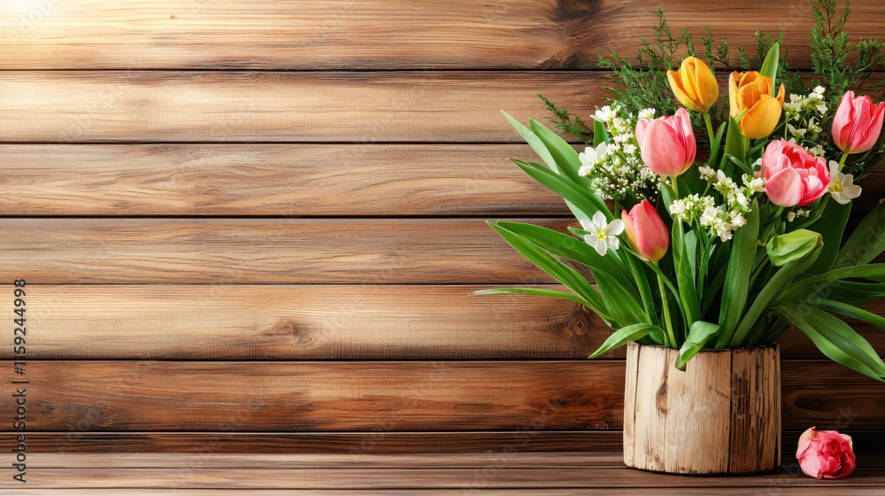 Vibrant Flower Arrangement in Wooden Vase Against Rustic Wooden Background Vibrant Flower Arrangement in Wooden Vase Against Rustic Wooden Background