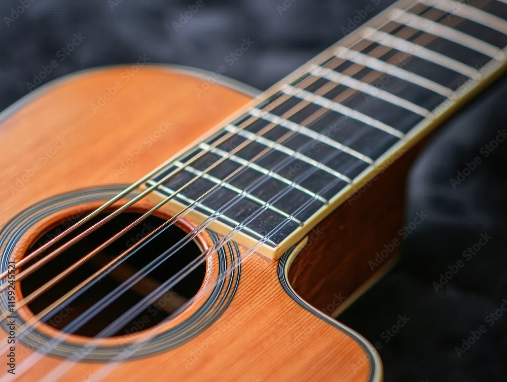Close-Up Photograph of an Acoustic Guitar Showing Detail of Strings, Fretboard, and Soundhole for Music and Instrument Enthusiasts Close-Up Photograph of an Acoustic Guitar Showing Detail of Strings, Fretboard, and Soundhole for Music and Instrument Enthusiasts