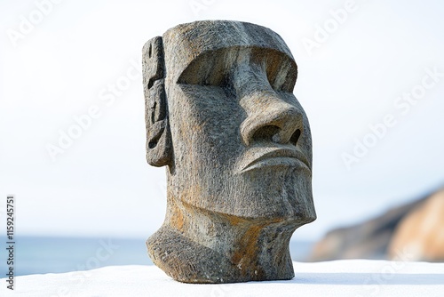 A stone statue of a man's face on a sunny beach, great for summer theme or coastal atmosphere photo