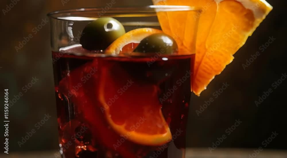 Vaso de vermut típico español, con rodaja de naranja y olivas verdes