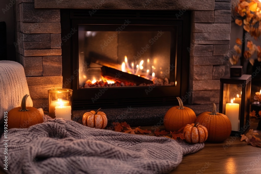 A warm and inviting scene with a fireplace, surrounded by candles and pumpkins A warm and inviting scene with a fireplace, surrounded by candles and pumpkins
