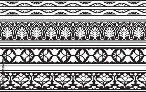 Vector black monochrome seamless national Indian pattern. endless border, ethnic hindu frame