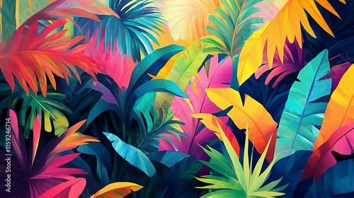 Vibrant tropical forest with colorful foliage and rich textures. Generative AI