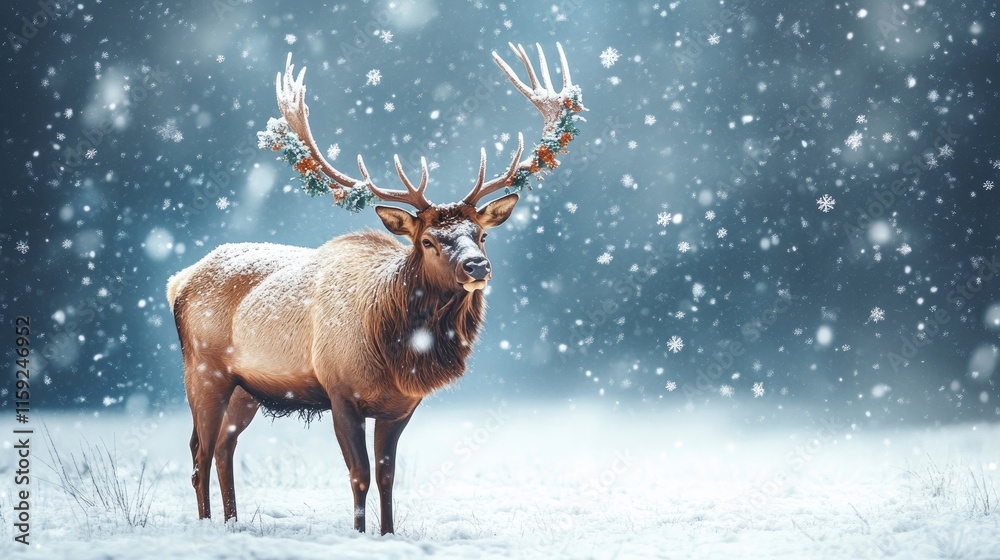 A serene image of a snowy landscape where a majestic elk roams freely, its antlers decorated with garlands and snowflakes gently falling. A serene image of a snowy landscape where a majestic elk roams freely, its antlers decorated with garlands and snowflakes gently falling.