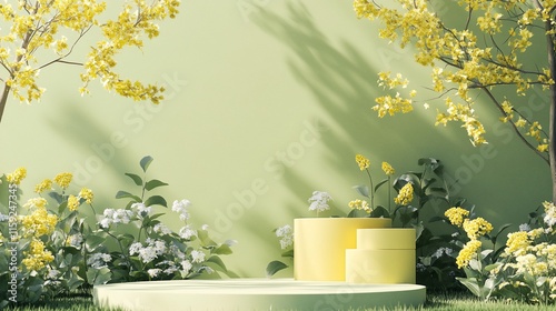 Wallpaper Mural Pastel yellow podiums & spring flowers on a green background. Torontodigital.ca