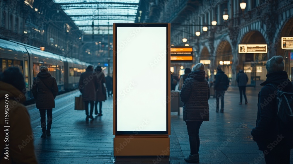 The busy setting of a railway station showcases a central bright, vibrant sign surrounded by winter-dressed travelers, emphasizing the space's dynamic and modern appeal. The busy setting of a railway station showcases a central bright, vibrant sign surrounded by winter-dressed travelers, emphasizing the space's dynamic and modern appeal.