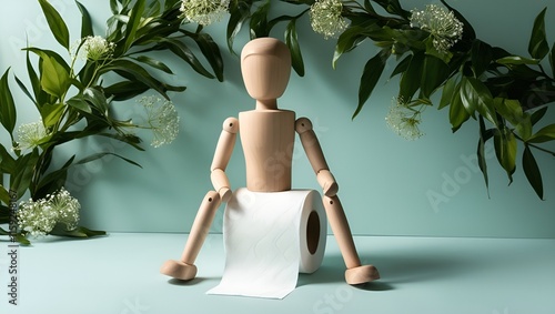 The wooden man sits on a roll of toilet paper. Hemorrhoid treatment concept photo