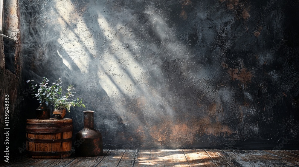 Obraz premium Rustic barrels and pots under dramatic lighting
