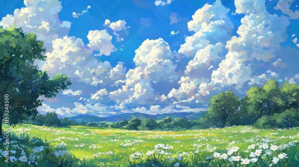 Fototapeta premium Lush Green Meadow Under Bright Blue Sky with Fluffy Clouds