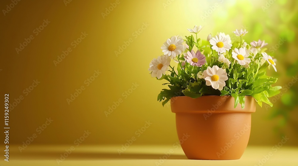 Bright and Cheerful Flower Pot with Fresh Daisies on a Soft Yellow Background Bright and Cheerful Flower Pot with Fresh Daisies on a Soft Yellow Background