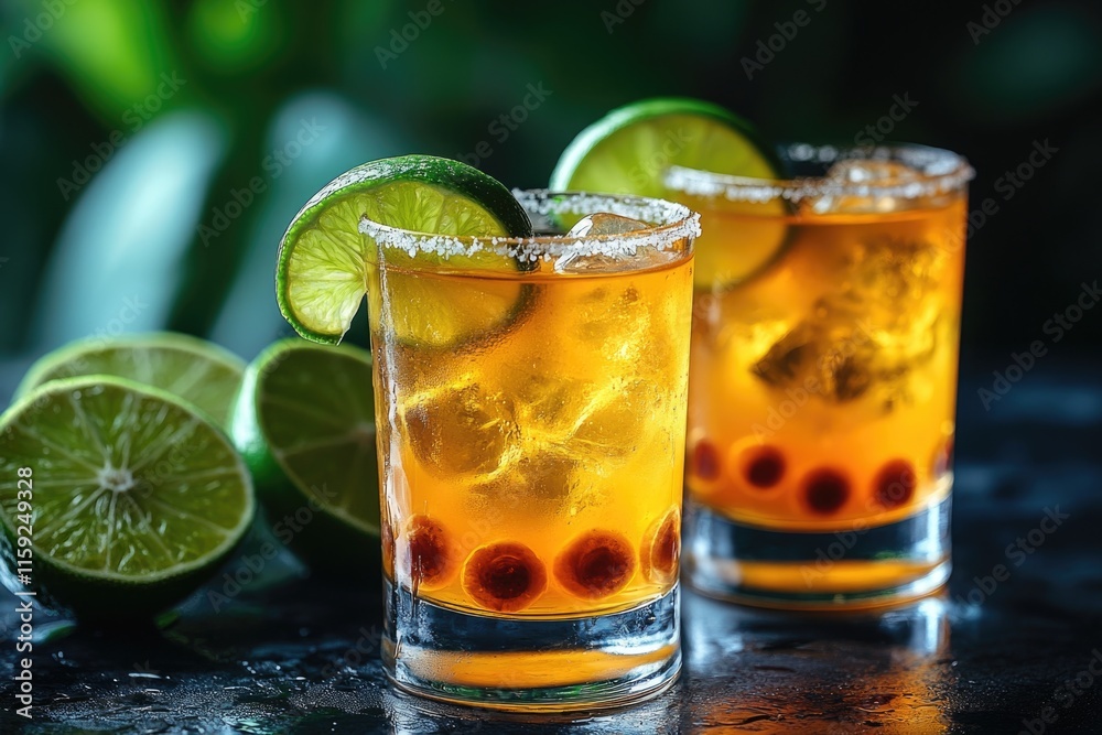 Two glasses filled with liquid and garnished with lime slices Two glasses filled with liquid and garnished with lime slices