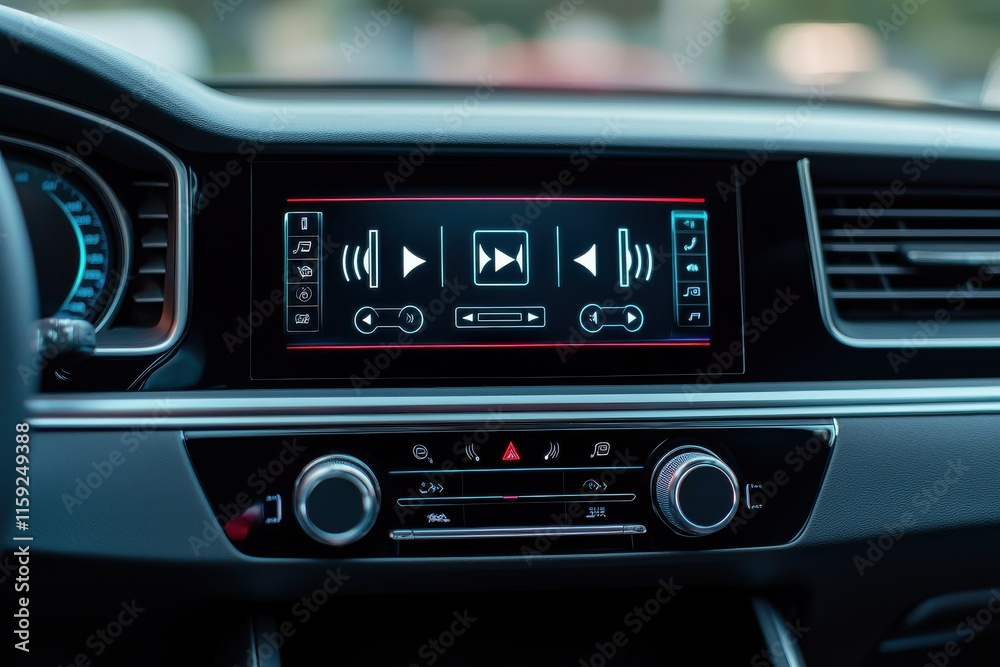 Modern Car Dashboard Display Showing Virtual Interface Controls and Media Options in a Contemporary Vehicle Interior with Advanced Technology Features Modern Car Dashboard Display Showing Virtual Interface Controls and Media Options in a Contemporary Vehicle Interior with Advanced Technology Features