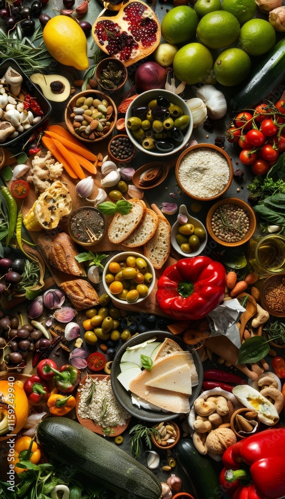 Vibrant mediterranean diet displaying wholesome dishes with colorful vegetables and grains Vibrant mediterranean diet displaying wholesome dishes with colorful vegetables and grains