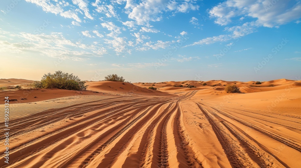 Fototapeta premium Scenic Desert Landscape with Sand Dunes and Tire Tracks