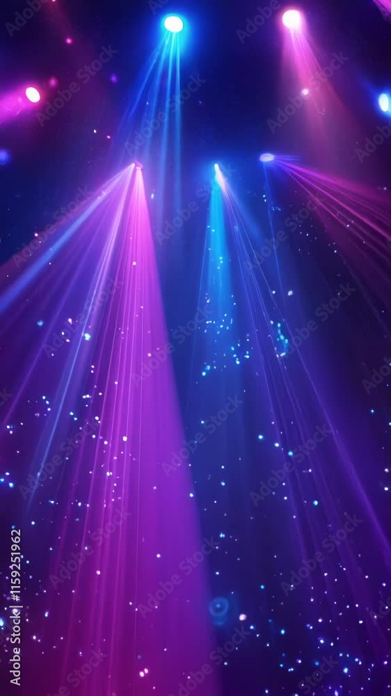 Bright concert stage lights in various colors, creating a vibrant atmosphere for a music festival. Vertical video