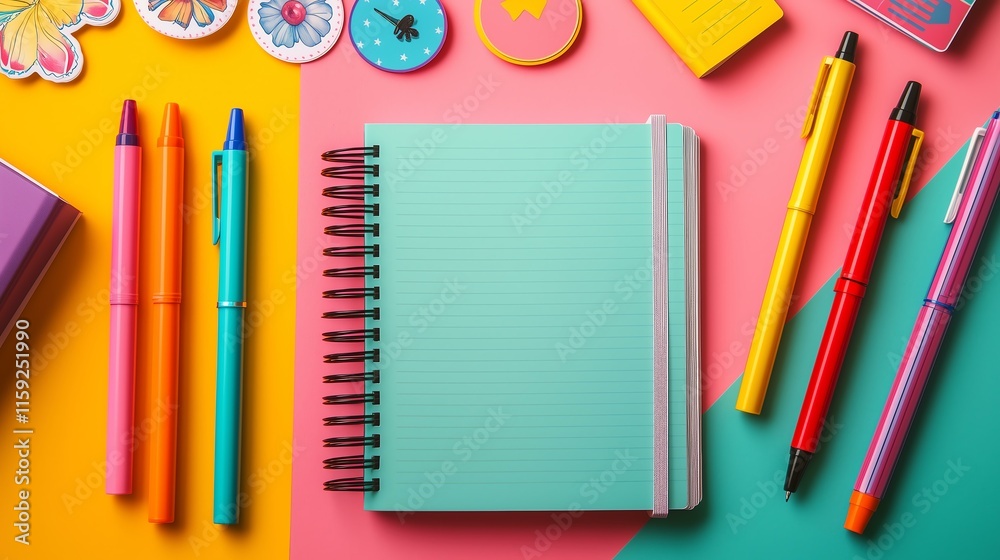 Naklejka premium A vibrant workspace featuring colorful pens and an empty notepad for creative ideas.