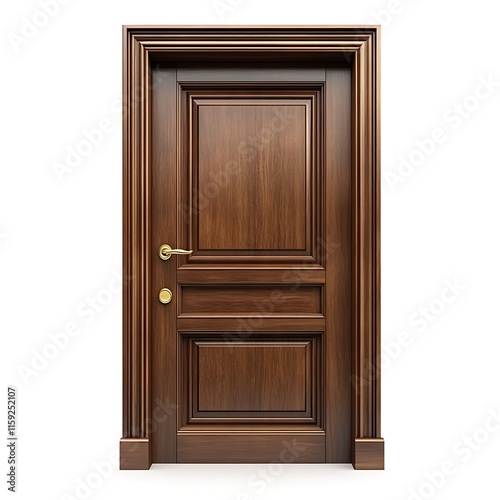 Classic Walnut Door: A traditional, elegant walnut wood door with a classic design and gold hardware. The door features intricate molding and a warm, inviting color.