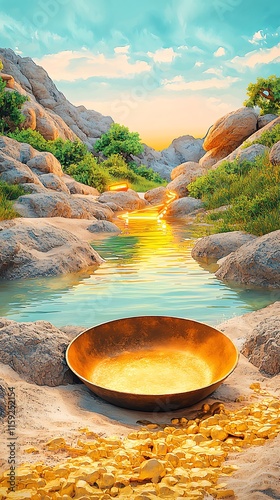 Gold Rush Era, Captivating Digital Watercolor Scene of Gold Mining Equipment by a Gentle Stream Surrounded by Rocks and Lush Greenery at Sunset photo