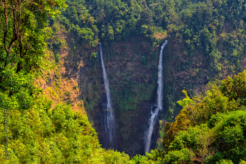 waterfall Tad Fane  in rainforest at Pakse and Champasak city Laos. Tour tourism and travel in Asia. Beautiful and largest park with cascades of waterfalls in Laos