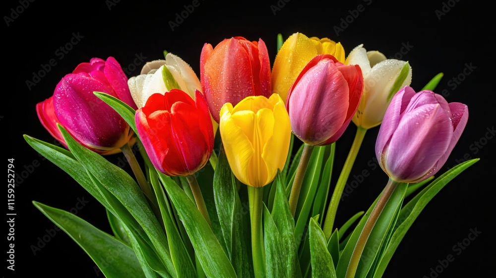 Colorful Tulips in Bloom with Water Droplets on Petals Against Dark Background Colorful Tulips in Bloom with Water Droplets on Petals Against Dark Background