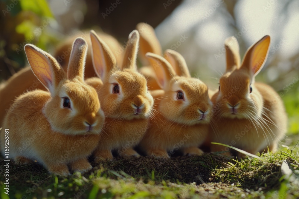 Fototapeta premium Group of brown rabbits sitting on top of a lush green field