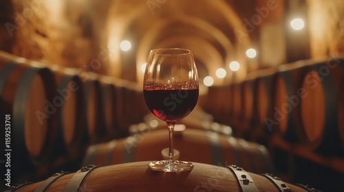 Strong alcoholic drinks and their production and tasting concept. Glass of red wine stands on an oak barrel in a traditional cellar with rows of wine barrels. photo