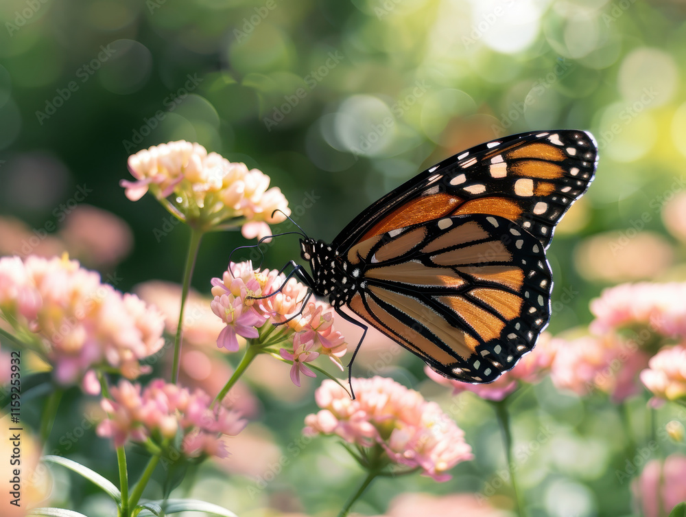 Obraz premium vibrant butterfly resting on pink flowers in sunny garden