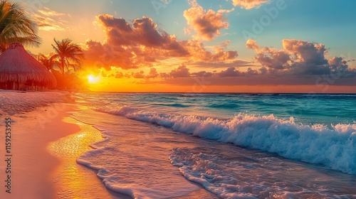 Fototapeta Naklejka Na Ścianę i Meble -  Stunning sunset at an idyllic caribbean beach in cancun, riviera maya, mexico with vibrant skies and turquoise waters