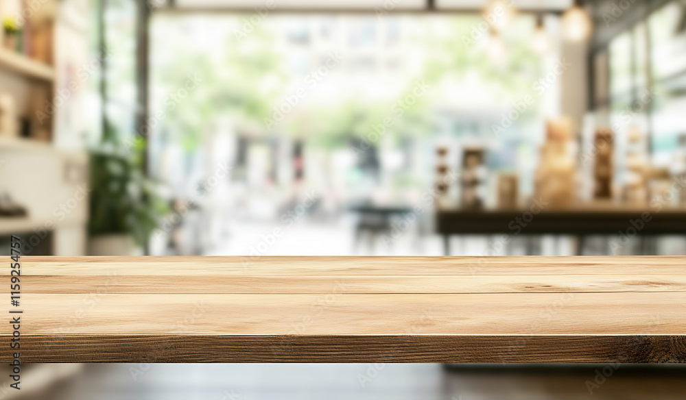 Empty, beautiful wooden tabletop counter in a clean and bright interior background, ready for the display of products or advertising media concepts. With a blurred group of people in motion. Empty, beautiful wooden tabletop counter in a clean and bright interior background, ready for the display of products or advertising media concepts. With a blurred group of people in motion.