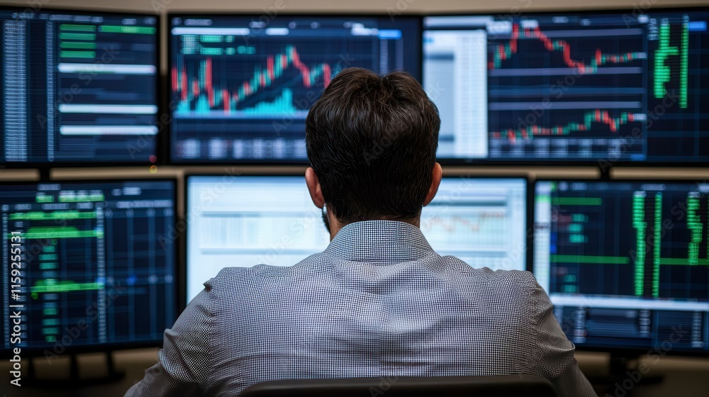 Professional Trader Analyzing Financial Data on Multiple Screens in a Modern Trading Room Environment Professional Trader Analyzing Financial Data on Multiple Screens in a Modern Trading Room Environment