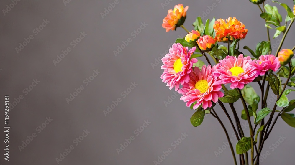 Colorful Artificial Flowers in a Simple Arrangement Against a Gray Background Colorful Artificial Flowers in a Simple Arrangement Against a Gray Background