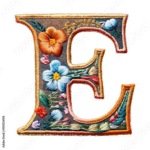 アルファベットの「E」の文字の刺繍（Embroidered alphabet letter 