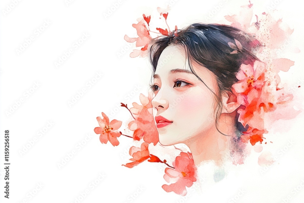 Fototapeta premium A portrait of a woman wearing a floral hairstyle