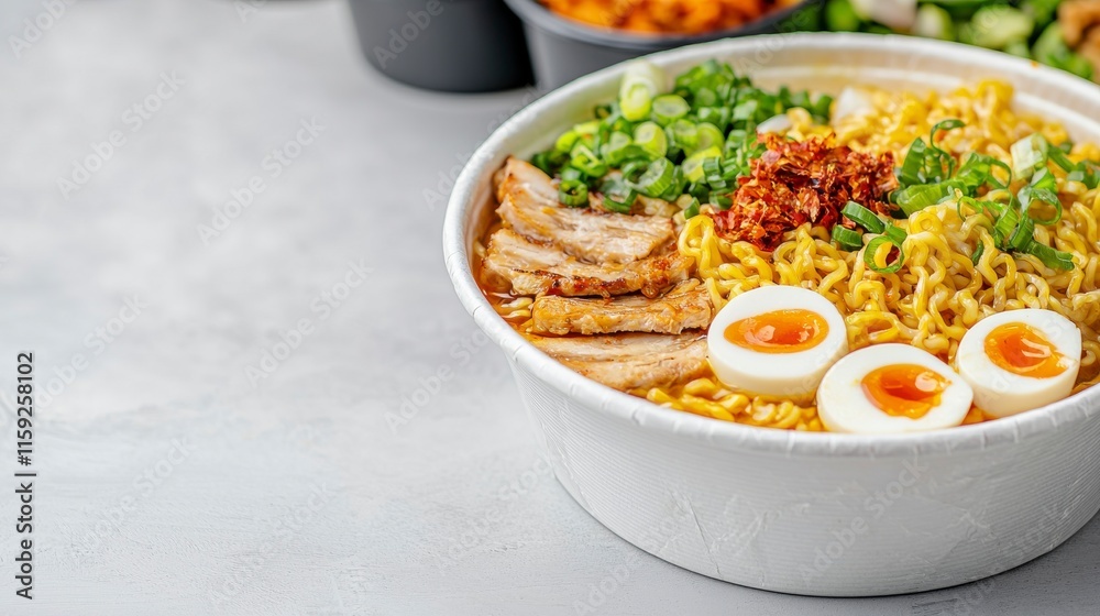 Delicious Ramen Bowl with Tender Pork, Soft Boiled Eggs, Fresh Green Onions, and Spicy Toppings in a Disposable Bowl Perfect for Enjoying on the Go Delicious Ramen Bowl with Tender Pork, Soft Boiled Eggs, Fresh Green Onions, and Spicy Toppings in a Disposable Bowl Perfect for Enjoying on the Go